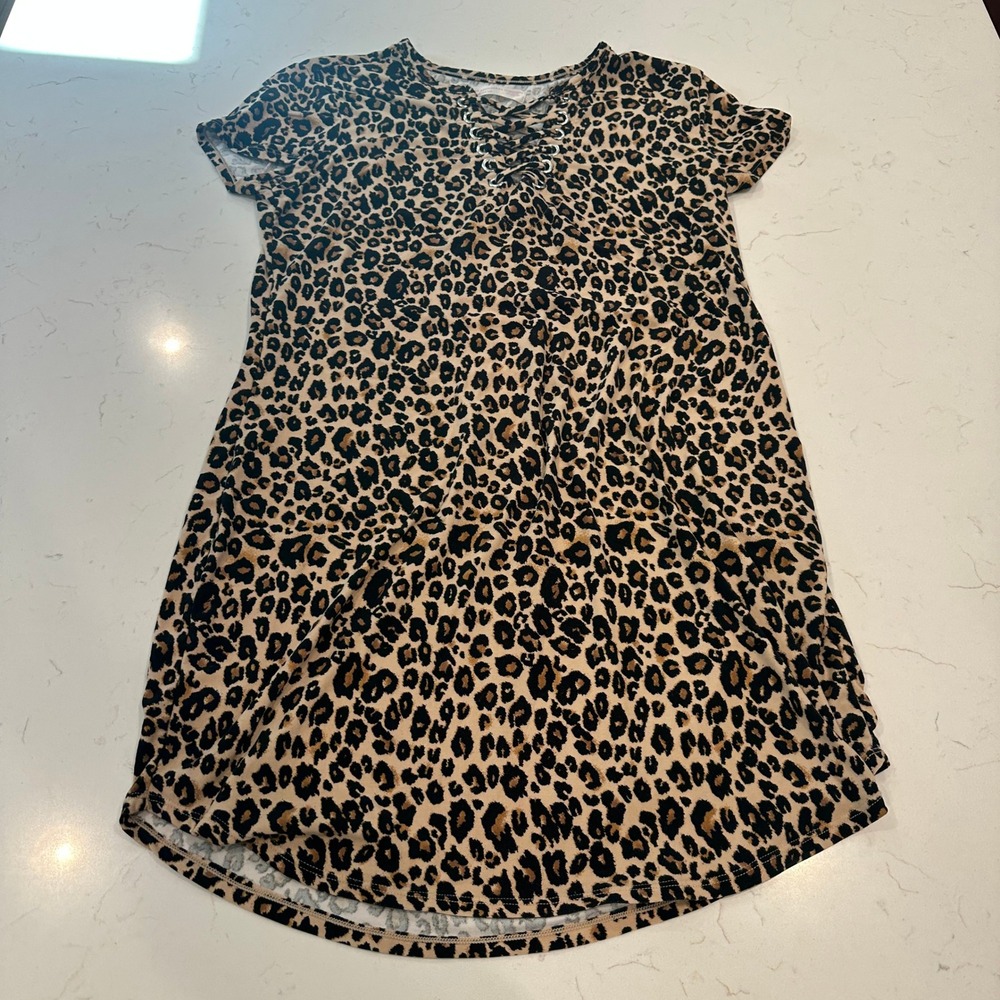 No Boundaries Leopard Print Lace Up Neck Short Sleeve T-Shirt Dress XL 15-17